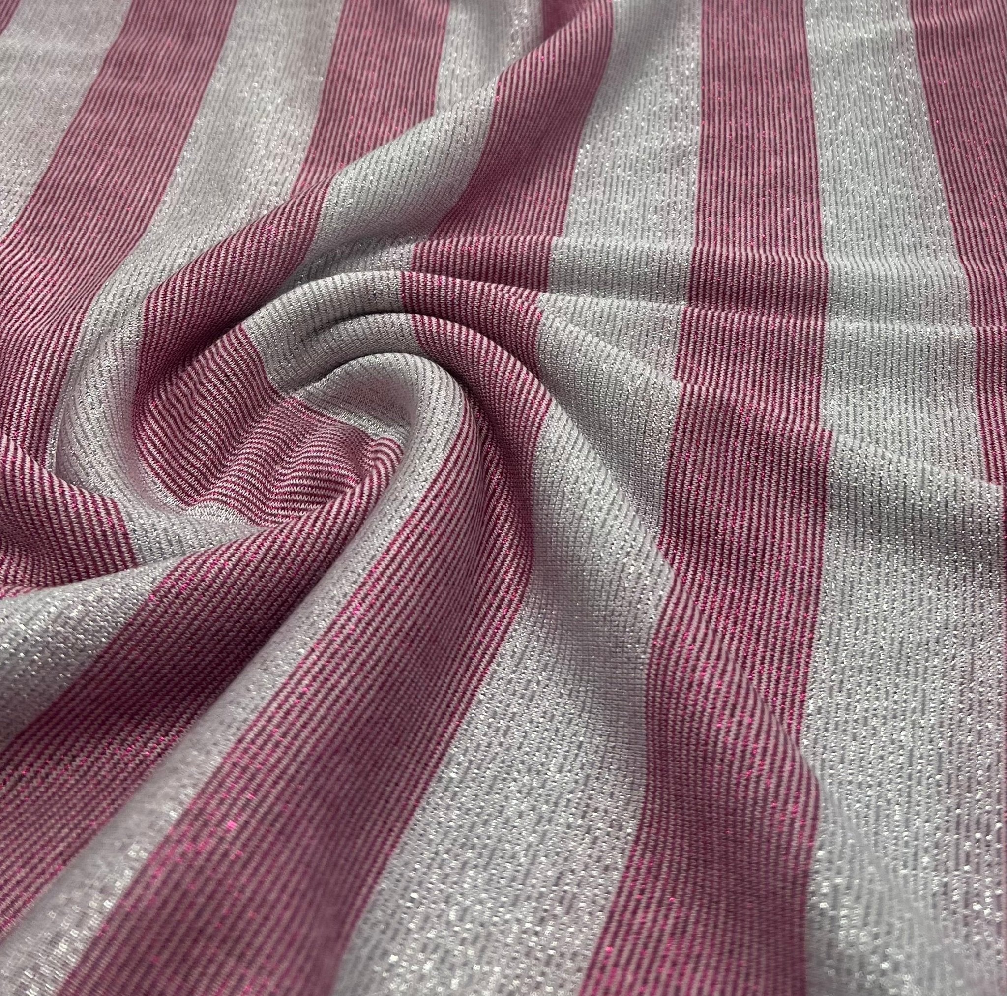 Pink Silver Metallic Stripe Knitted 2 Way Stretch Fabric - T9 Fabrics